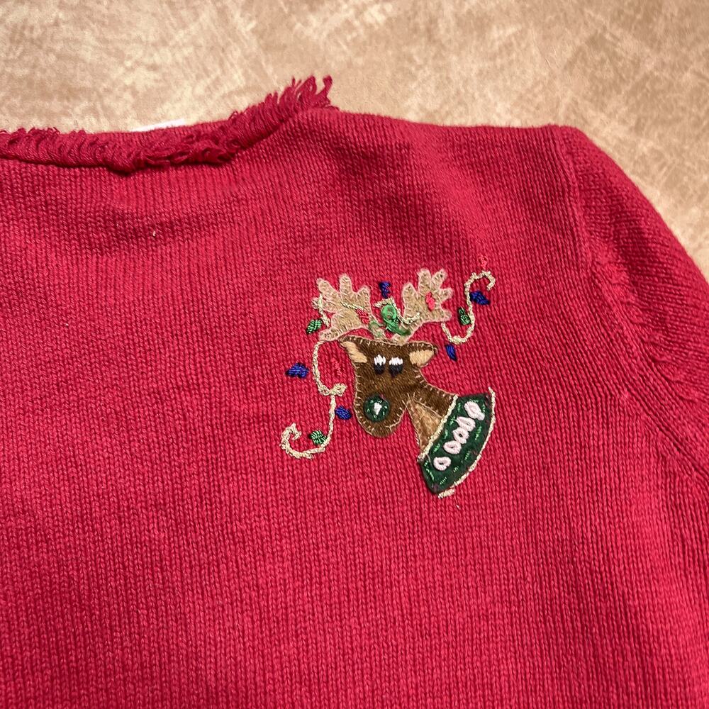 Vintage Y2K Reindeer Christmas Sweater Zip Red Beaded Knit Embroidered Holiday - Picture 4 of 8